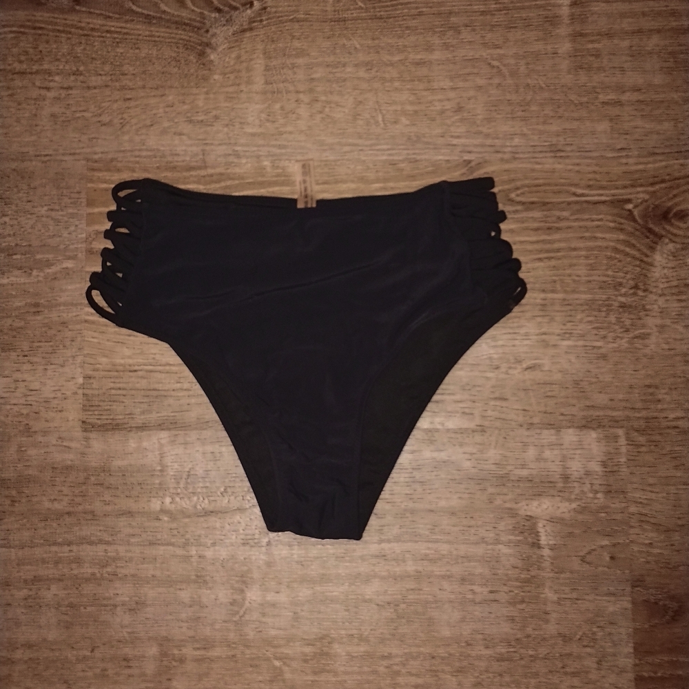 EllFabric Black Strappy Cutout High-Cut Bikini Swim Bottoms